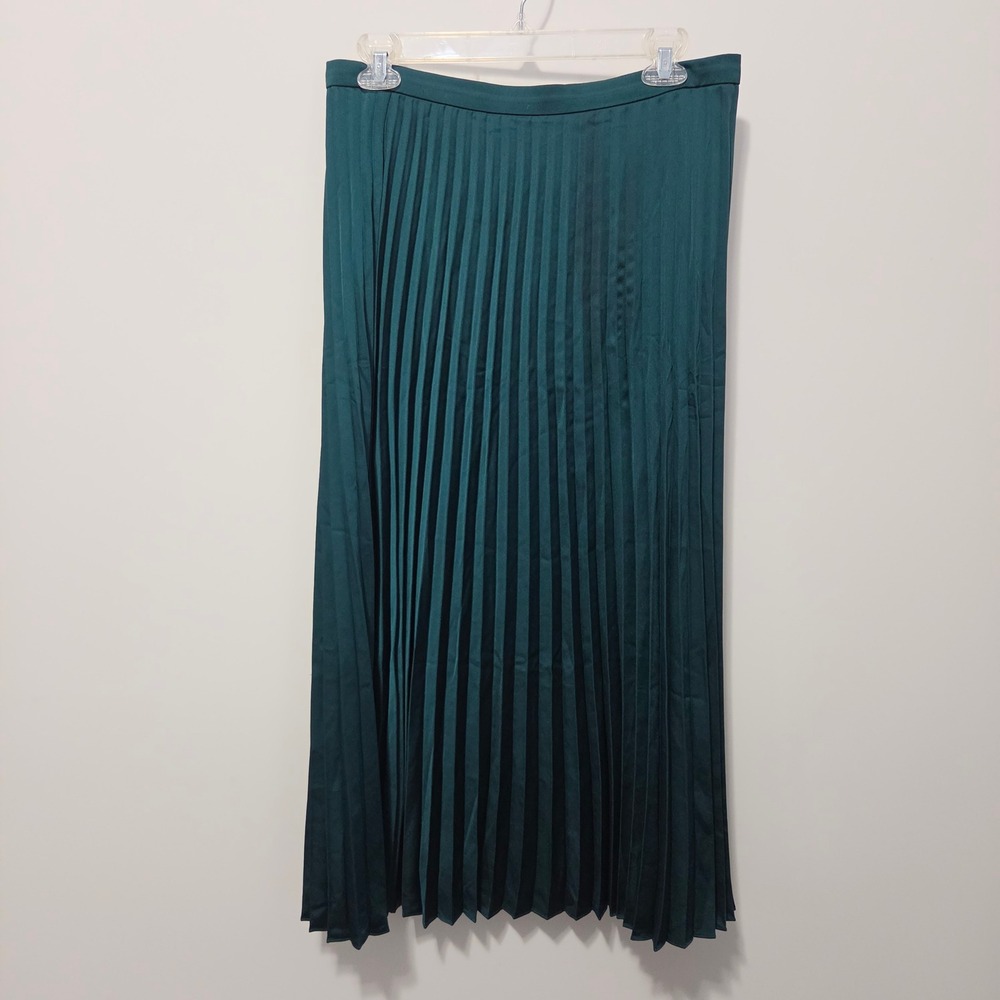 J Crew Midi Skirt Size 8T Tall Dark Green Pleated Satin Elastic Waist Holiday